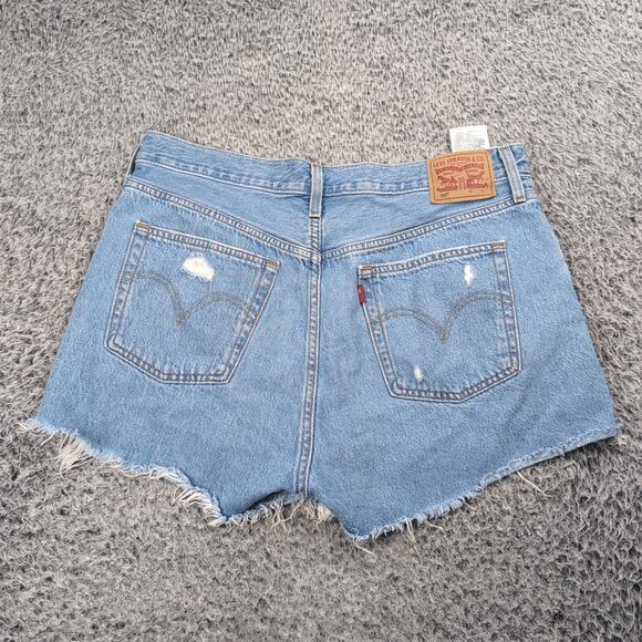 Levi's 501 Shorts Women 32 Blue Normcore Distressed Bikercore Raw Hem Med Wash - Picture 1 of 9